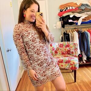 GANNI Blue Red Floral Lace Mockneck Long Sleeve Formal Mini Dress Comfy Event S